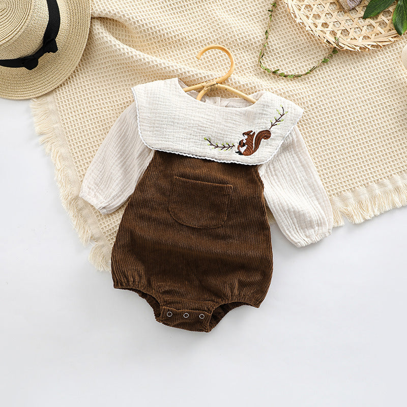 Baby Embroidered Pattern Lapel Cotton Shirt Combo Corduroy Strap Onesies Sets