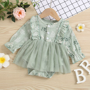 Baby Girl 1pcs Allover Grass Embroidered Graphic Mesh Overlay Dress Longsleeve Onesies