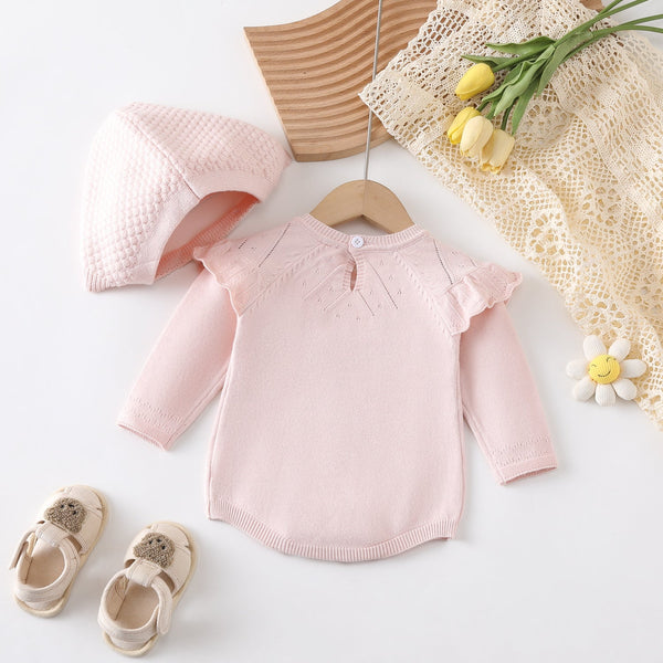 Autumn New Design Baby Girls Solid Color Long Sleeves Hollow Out Big Collar Knitted Onesies And Hat