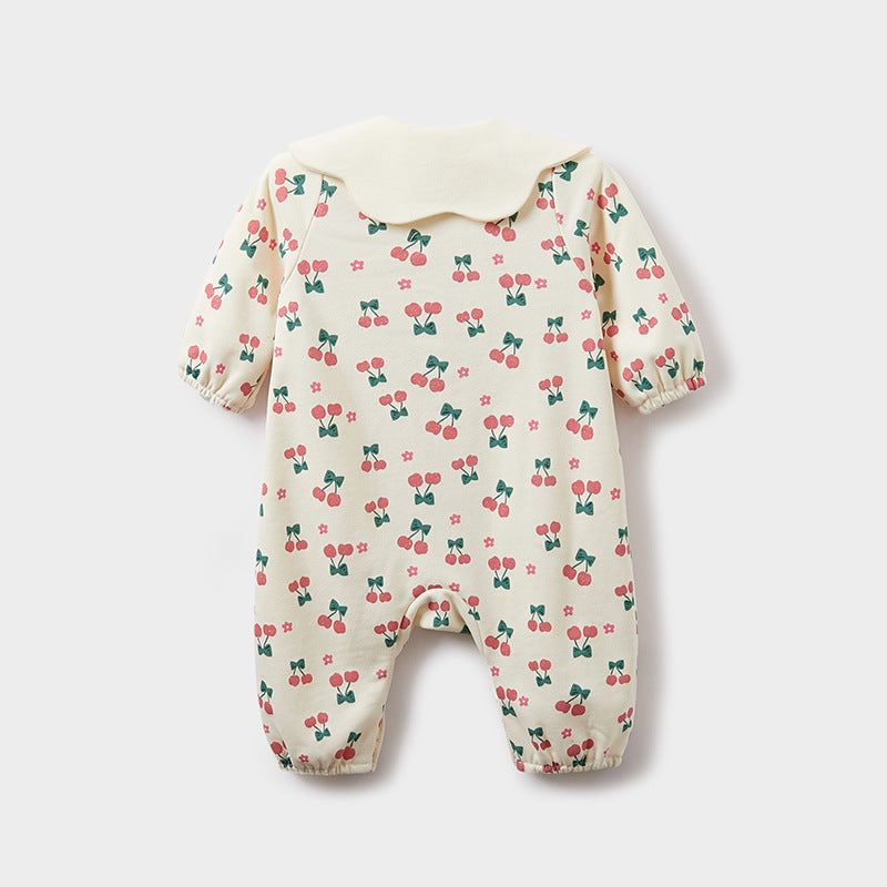 Autumn Baby Girl Cherry Pattern Flower Neck Rompers