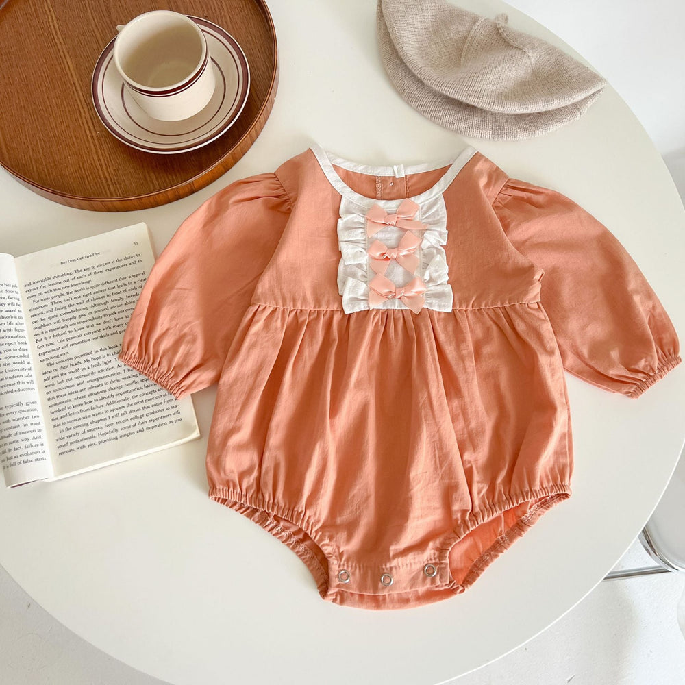 Baby Girl Lace Bow Decoration Solid Color Long Sleeves Bodysuit