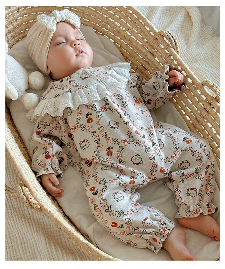 Autumn and Spring New Arrival Baby Girls Simple Floral Pattern Long Sleeves Rompers