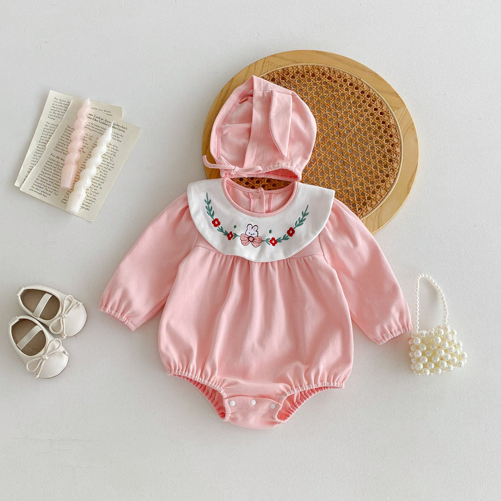 Autumn New Arrival Baby Girls Long Sleeves Rabbit Embroidery Collar Pink Onesies