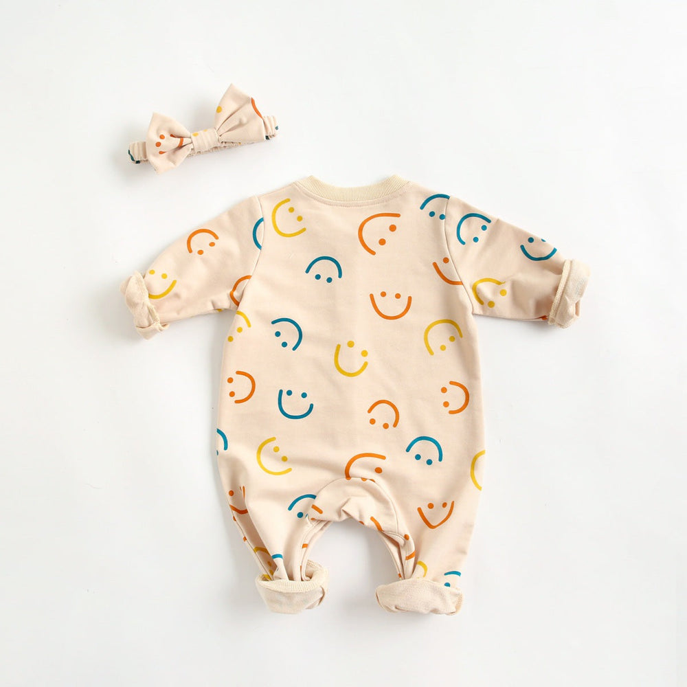 Baby Girl Smiley Print Pattern Single Breasted Design Long-Sleeve Rompers With Covered Buttton