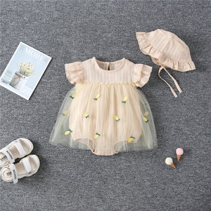 Baby Girl 1pcs Solid Color Pineapple Embroidered Mesh Overlay Flounce Sleeves Onesies Dress