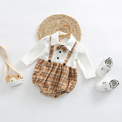 Baby Plaid Pattern False 1 Pieces Design Bow Tie Decoration Bodysuit