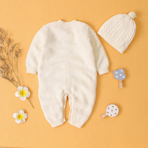 Baby Baby Cable Knitted Pattern Button Front Design Long Sleeve Warm Rompers & Hat