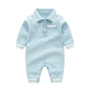 Baby Solid Color Quarter Button Design Lapel Knitted College Style Rompers