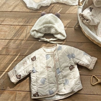 Baby Bear Print Pattern Quilted Warm Coat & Jumpsuit