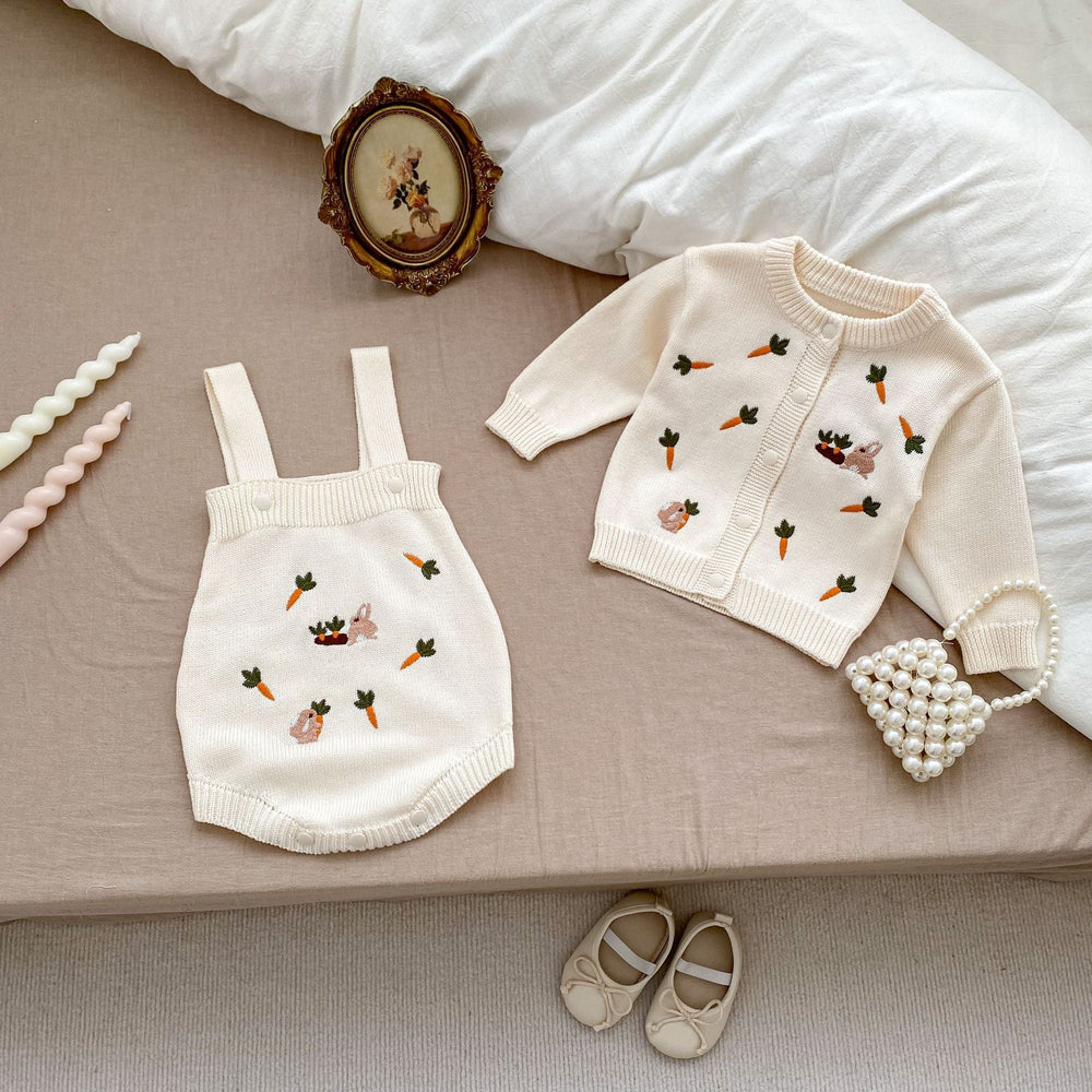 Arrival Autumn Baby Unisex Long Sleeves Cartoon Rabbits Embroidery Pattern Knitted Cardigan and Sleeveless Strap Bodysuits – Clothing Set