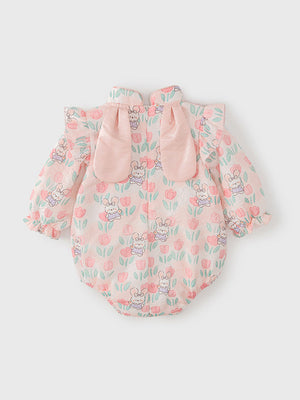 Autumn New Arrival Baby Girls Flowers and Rabbits Pattern Long Sleeves Onesies with Stand Collar