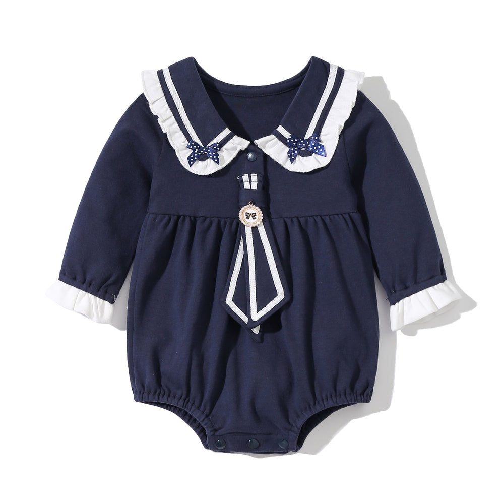 Baby Girl Solid Color Tie Dye Patched Design Doll Neck Sailor Style Onesies Bodysuit