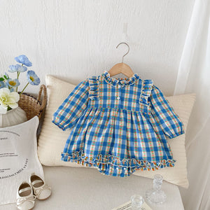 Autumn New Arrival Baby Girls Long Sleeves Floral Plaid Ruffle Neck Onesies Dress