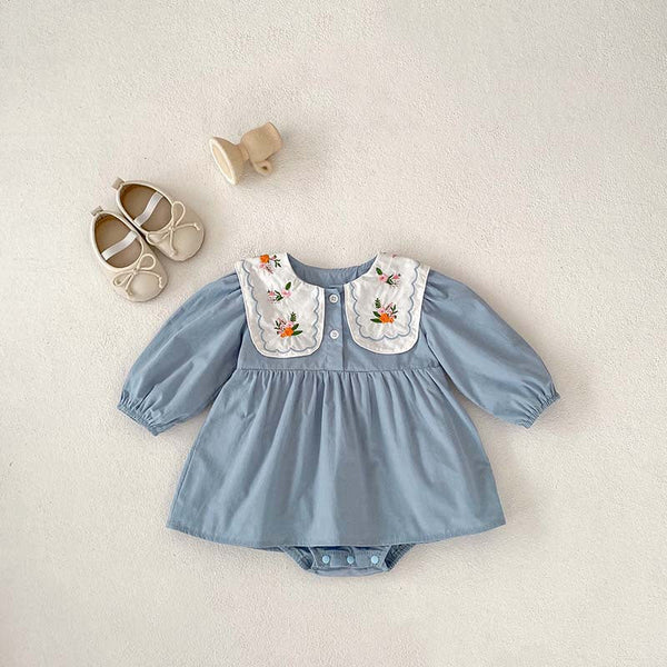 Autumn New Arrival Baby Girls Long Sleeves Flowers Embroidered Pattern Crew Neck Onesies Dress