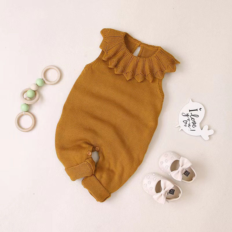 Baby Girl 1pcs Ruffle Neck Solid Color Sleeveless Crotch Design Knitted Rompers