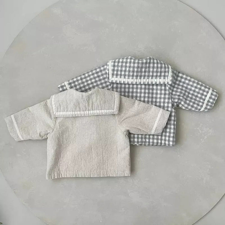 Baby Plaid Pattern Solid Color Lapel Design Cute Style Quilted Coat