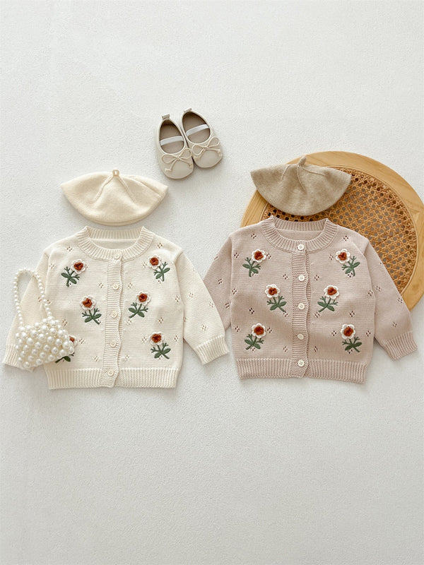 Autumn New Arrival Baby Kids Girls Comfortable Flowers Embroiedery Pattern Knitted Long Sleeves Cardigan