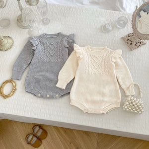 Autumn New Arrival Baby Girls Jacquard Pattern Knitted Long Sleeves Crew Neck Onesies