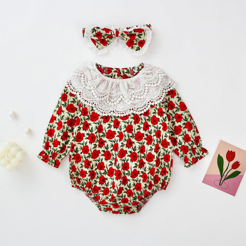 Baby Girl Flower Pattern Labeled Collar Design Long Sleeve Bodysuit