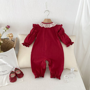 Autumn New Arrival Baby Girls Long Sleeves Single Breasted Red Romper Bodysuits