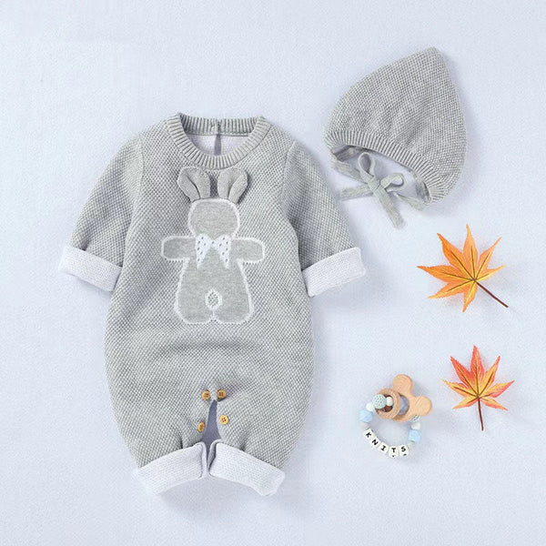 Baby Cartoon Bunny Embroidered Graphic Solid Warm Rompers With Hat