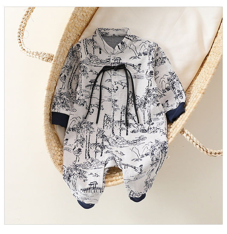 Autumn and Spring New Arrival Baby Girls Chinese Painting Pattern Long Sleeves Rompers with Collar