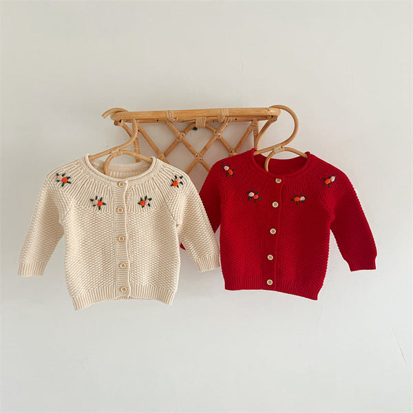 Autumn New Arrival Baby Kids Girls Comfortable Flowers Embroiedery Pattern Knitted Long Sleeves Cardigan