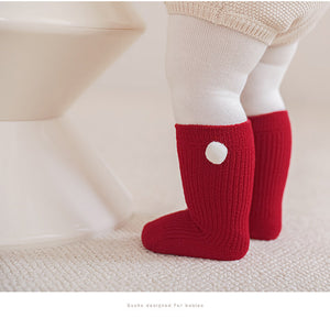 Warm Boneless Children’s Fleece-lined Socks for Autumn and Winter, Thickened and Festive Red