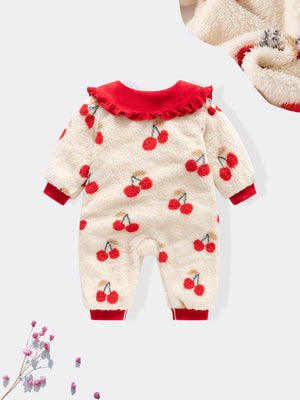 Autumn and Winter New Arrival Baby Girls Cherry Pattern Polar Fleece Rompers