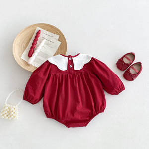 Autumn New Arrival Baby Girls Long Sleeves Rabbit and Cherry Embroidery Collar Red Onesies