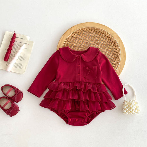 Autumn New Arrival Baby Girls Long Sleeves Ruffle Solid Color Peter Pan Collar Onesies Dress