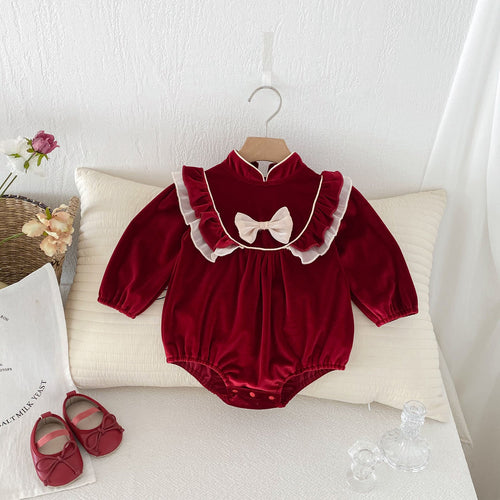 Autumn New Arrival Baby Girls Long Sleeves Ruffle Design Stand Collar Onesies