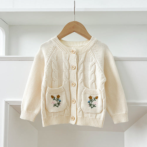 Arrival Baby Girls Comfortable Flowers Embroidery Pattern Pocketed Knitted Long Sleeves Cardigan