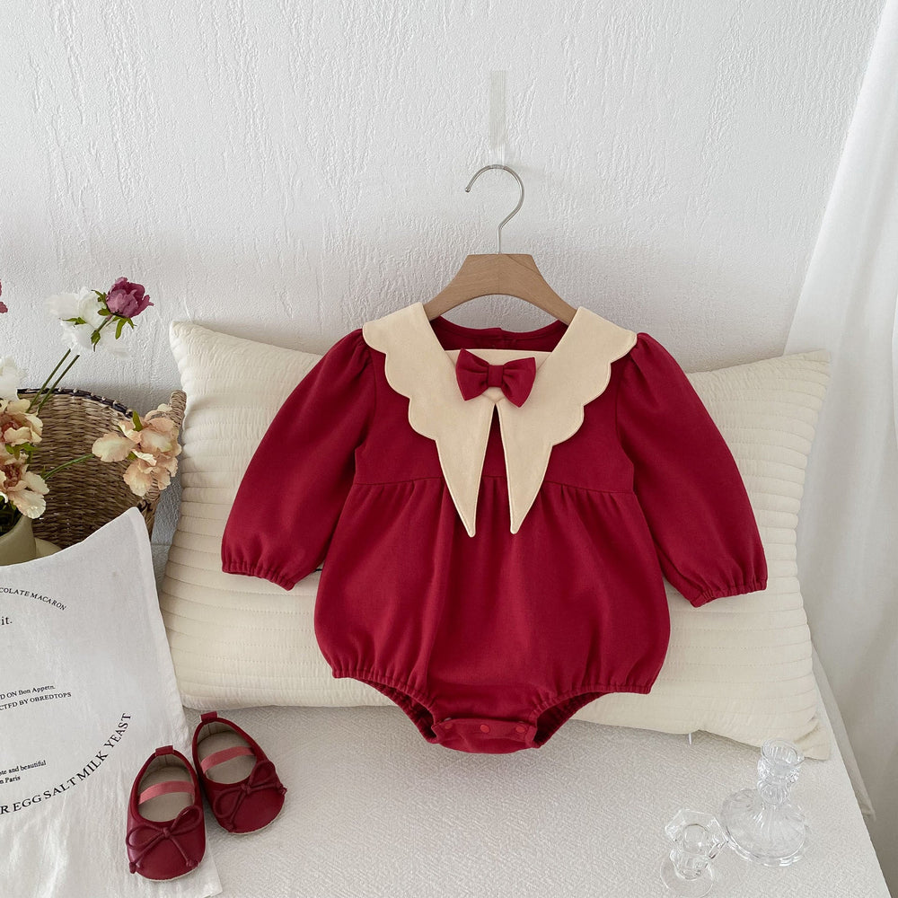 Autumn New Arrival Baby Girls Long Sleeves New Style Collar with Butterfly Bow Attached Onesies