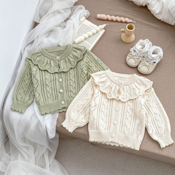 Autumn New Arrival Baby Kids Girls Comfortable Solid Color Jacquard Pattern Hollow-out Knitted Long Sleeves Cardigan