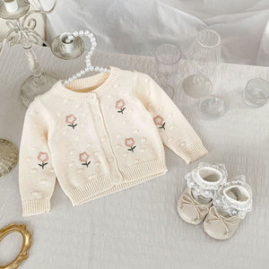 Autumn New Arrival Baby Kids Girls Comfortable Flowers Embroiedery and Dots Jacquard Pattern Knitted Long Sleeves Cardigan