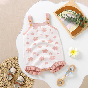 Baby Floral Pattern Ruffle Design Sling Knitted Onesies