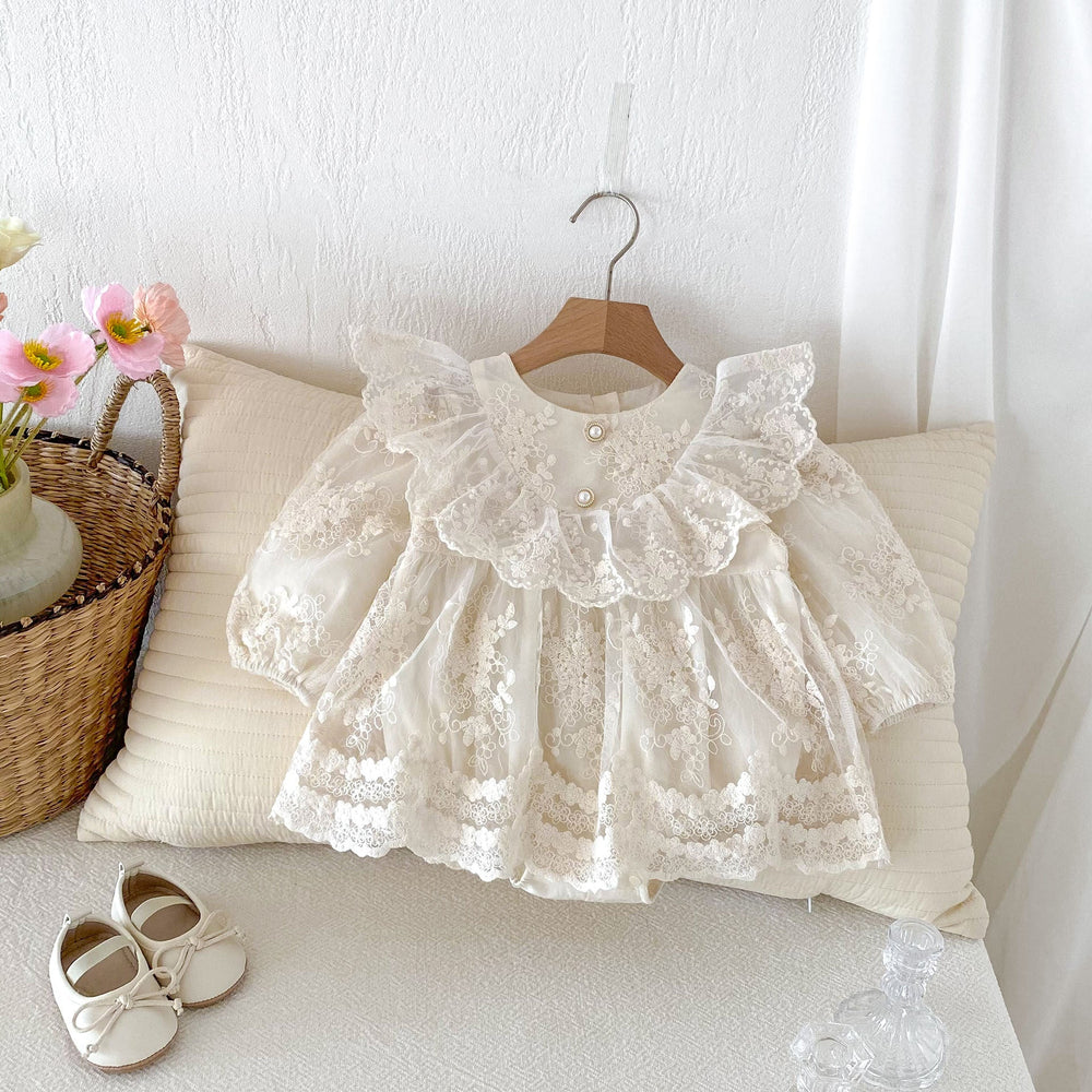 Autumn New Arrival Baby Girls Long Sleeves Floral Embroidery Tulle Onesies Dress with Ruffle Design