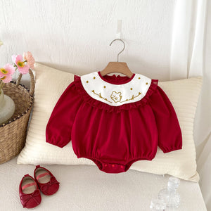 Autumn New Arrival Baby Girls Long Sleeves Rabbit Embroidery Collar Red Onesies