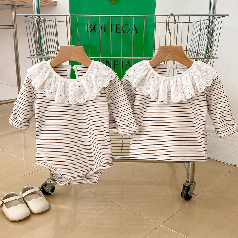 Autumn Striped Pattern Ruffle Neck Tops & Onesies