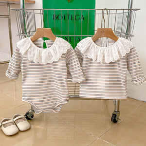 Autumn Striped Pattern Ruffle Neck Tops & Onesies