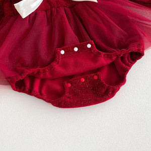 Autumn New Arrival Baby Girls Long Sleeves Red Ruffle Neck Patchwork Onesies Dress