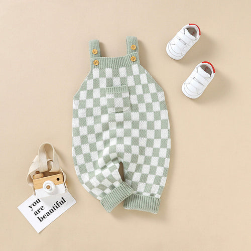 Baby Checkerboard Pattern Strap Design Knit Spring Autumn Rompers