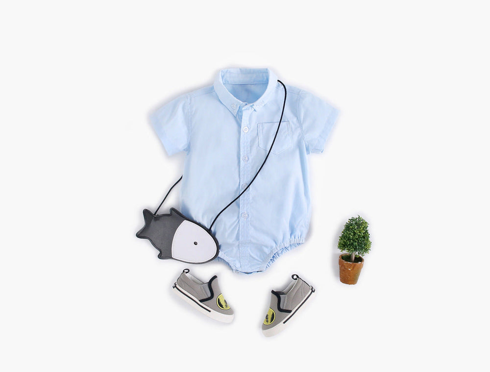 Baby Boy Solid Color Buttoned Shirt With Pockets Short Sleeve Onesies Online In Summer