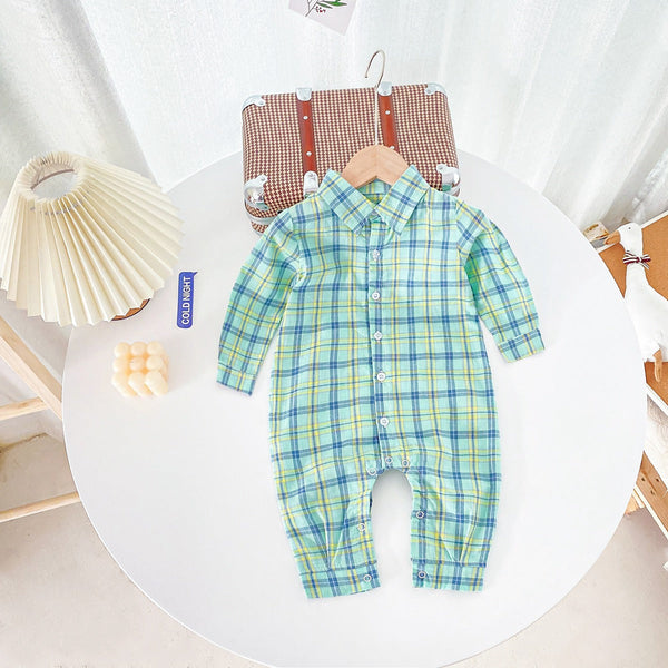 Baby Boy Classic Plaid Pattern Lapel Design Long Sleeve Rompers