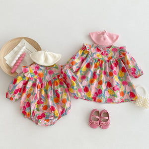 Autumn New Arrival Baby Girls Long Sleeves Vivid Floral Print Colorful Onesies and Dress