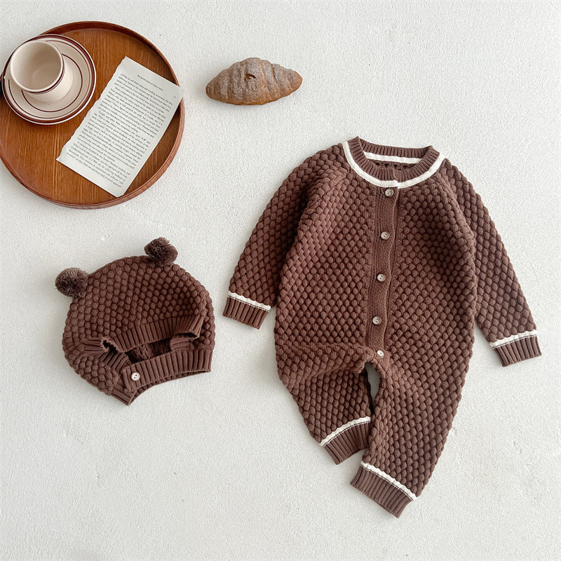 Autumn New Arrival Baby Kids Unisex Comfortable Geometric Pineapple Pattern Knitted Long Sleeves Rompers