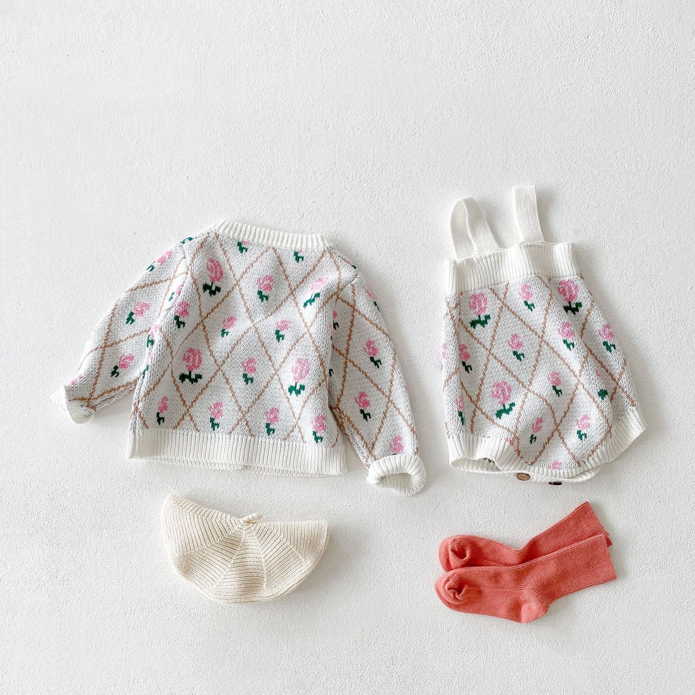 Baby Girl 1pcs Allover Roses Embroidered Graphic Crotch Bodysuit & Cardigan Handmade Knitted Sets