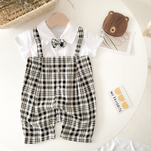 Baby Boy Plaid Pattern Polo-Neck Rompers