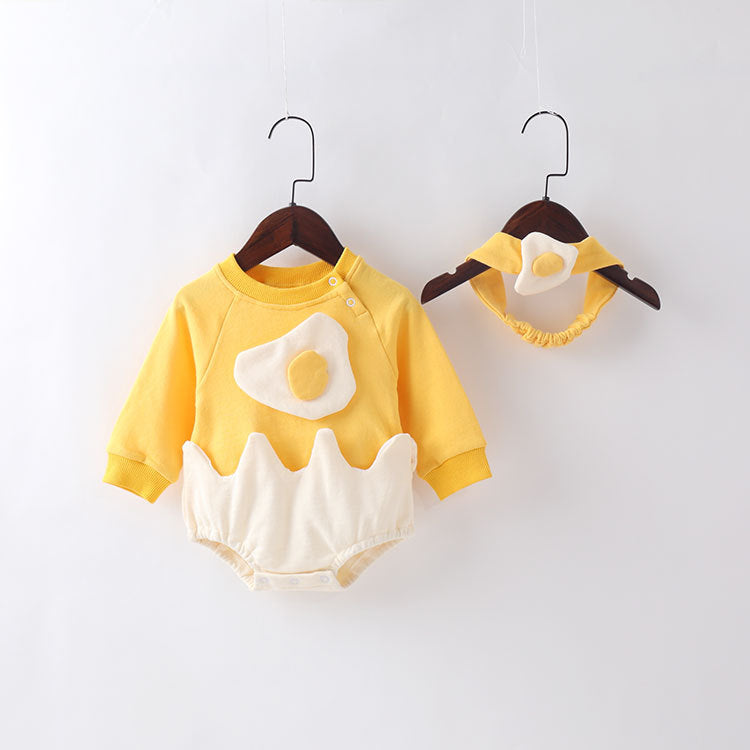 Baby Cartoon Egg Shape Design Long Sleeved Cute Bodysuit With Headband